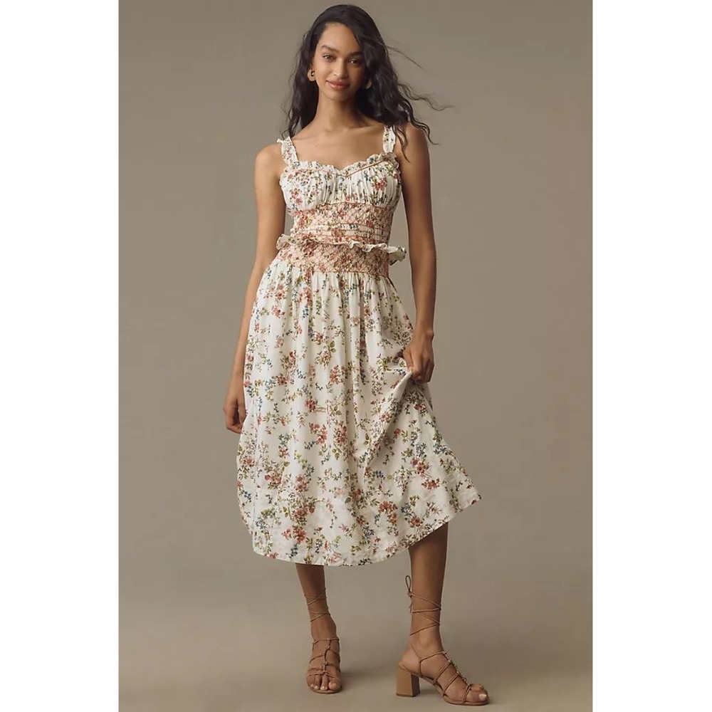 Anthropologie Floral Smocked Midi Dress White Orange Embroidery XS